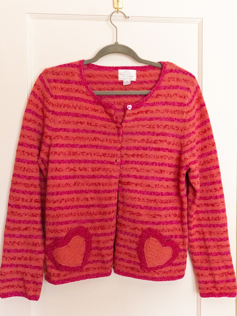 Y2K Christopher & Banks Pink and Red Striped Heart-Patch Cardigan